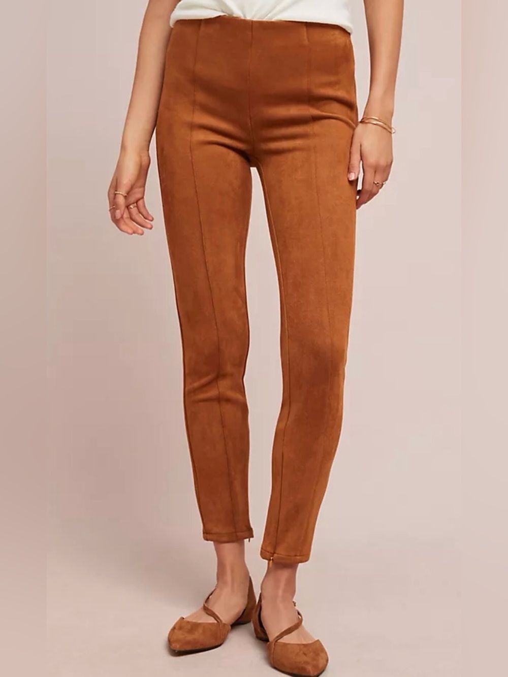 Anthropologie 27 Faux Suede Leggings Brown Pull On Skinny Ankle Pants